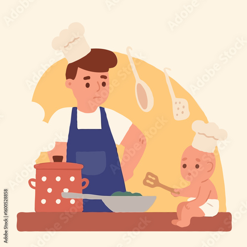 Father and baby cooking in kitchen with chef hats and utensils  