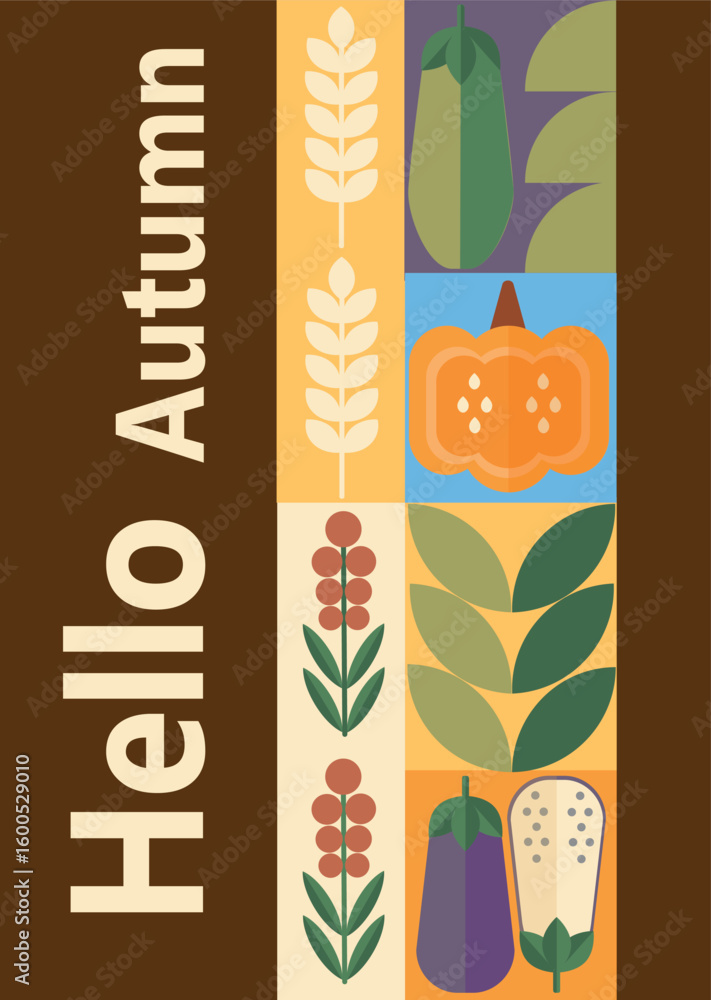 Fototapeta premium Autumn simple poster set. Autumn flyer set of designs Scandinavian mosaic. Banner autumn elements. Autumn design poster. Vector illustration.