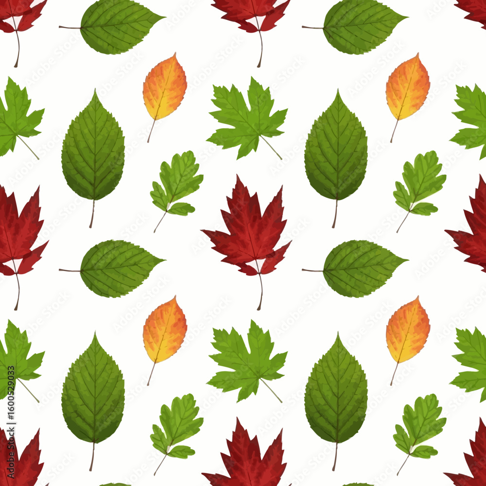 Fototapeta premium Pattern Vector Illustration of Autumn Leaves in Organic Style with Green Red and Yellow Colors