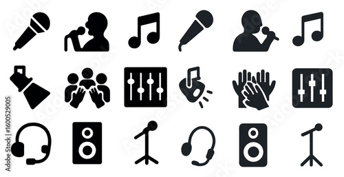 Music and audio solid icons set – filled, concert, sound management symbols