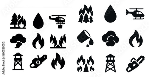 Wildfire and rescue solid icons set – filled, silhouette, emergency symbols