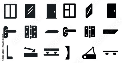 Door and window silhouette icons set – flat, linear, building and architecture symbols