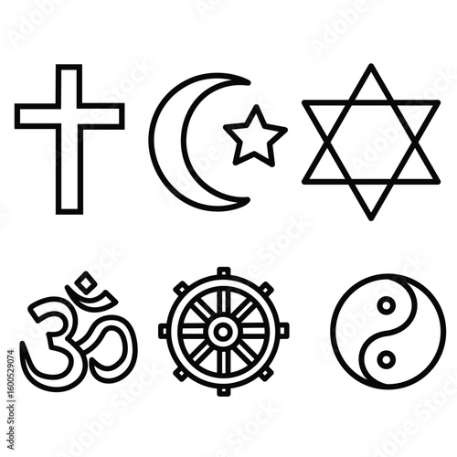 Religious Symbols Outline Set | Christianity, Islam, Judaism, Hinduism, Buddhism, Taoism Icons