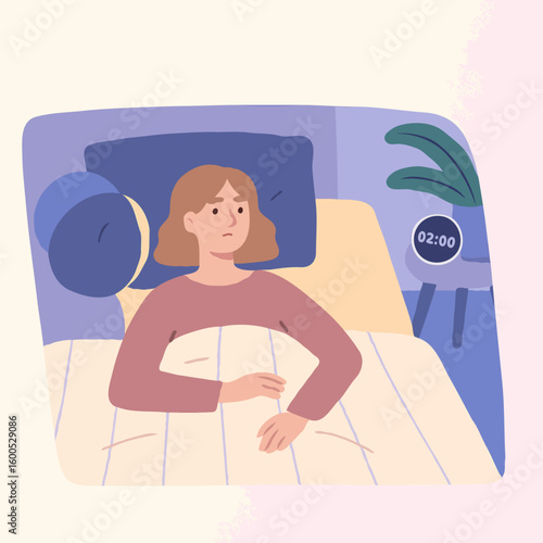 Woman lying in bed awake with clock showing two AM  