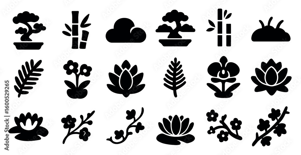 Fototapeta premium Nature and garden icons set – silhouette, floral, eco symbols for design