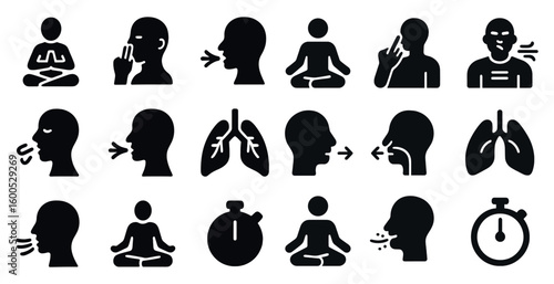 Meditation and breathing solid icons set – yoga, mindfulness, wellness symbols
