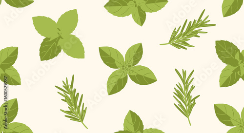 Minimalist Vector Pattern with Mint and Rosemary Botanical Elements in Organic Style