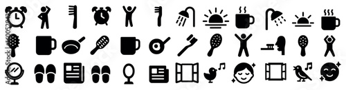 Daily routine silhouette icons set – filled, solid, morning and evening symbols