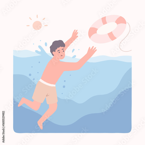 Young boy reaching for life preserver while swimming in water  