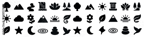 Nature and environment silhouette icons set – solid, filled, eco and landscape symbols