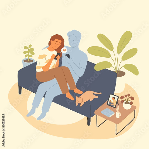 Couple relaxing on sofa with cat and plants in cozy living room  