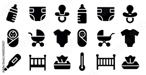 Baby essentials solid icons set – diapers, pacifiers, and nursery symbols