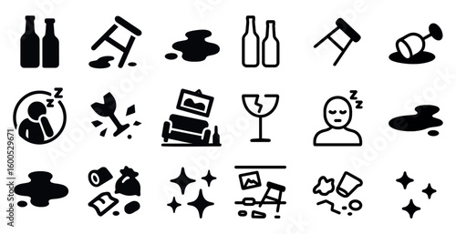 Party and bar silhouette icons set – nightlife, drinks, social event symbols