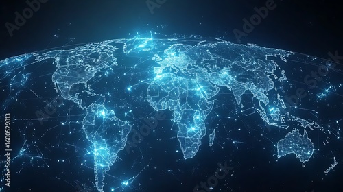 Glowing digital earth with bright blue lights representing global connectivity and advanced technology