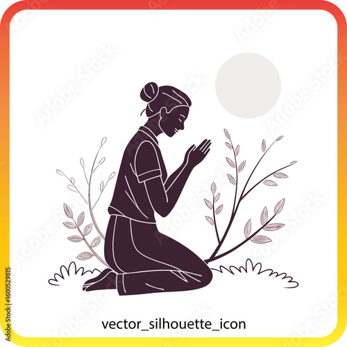 Woman praying under the moon silhouette isolated on white background