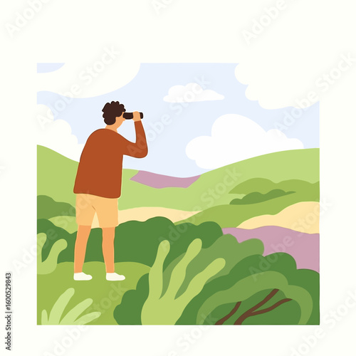 Man observing nature with binoculars on green hillside landscape  