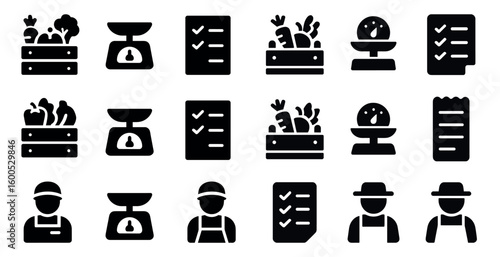 Grocery shopping solid icons set – market, produce, and retail symbols
