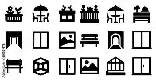 Outdoor furniture silhouette icons set – flat, filled, garden and patio decor symbols