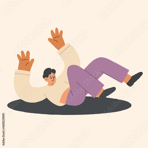 Young man falling with raised hands in a playful illustration  