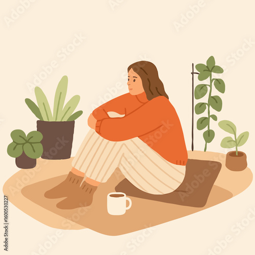 Young woman sitting on mat with plants and coffee in cozy room  
