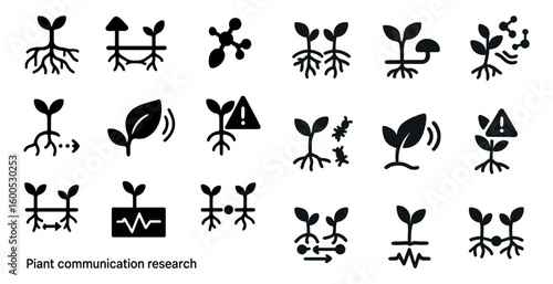 Plant communication solid icons set – nature, biology, growth symbols