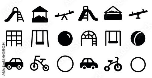 Playground equipment silhouette icons set - filled, solid, outdoor play symbols