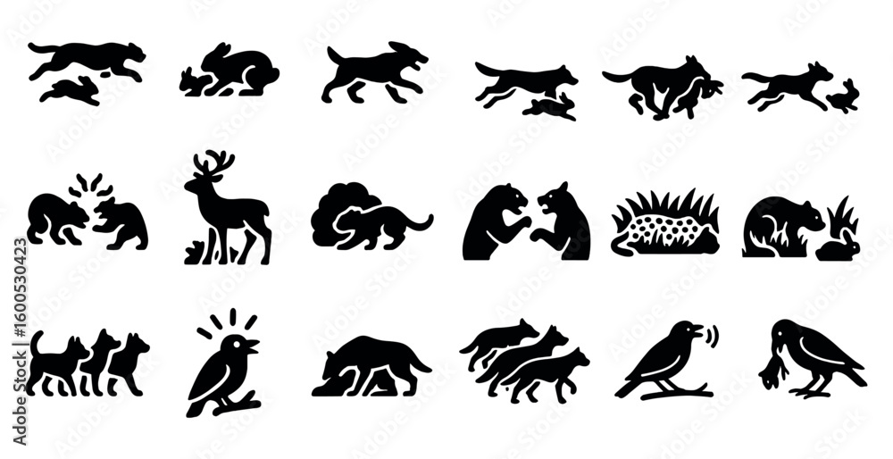 Fototapeta premium Wildlife and nature silhouette icons set – outline, animal, forest creatures