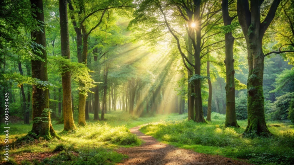 Fototapeta premium Muted foliage and dappled light in a serene forest clearing