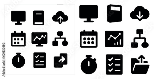 Data and technology icons set – solid, filled, computing and cloud symbols