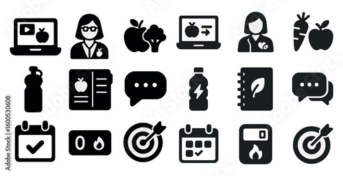 Health and nutrition solid icons set – filled, diet, wellness symbols for planning