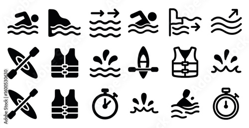 Water sports outline icons set – aquatic, swimming, and safety symbols