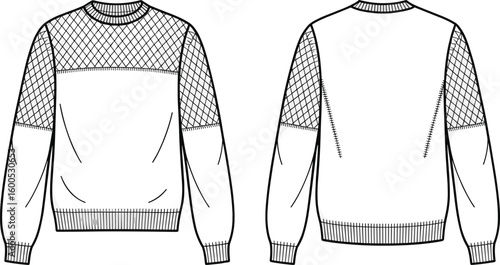 Flat vector CAD sketch of long sleeve sweatshirt with mesh upper and sleeves, front and back technical fashion illustration design