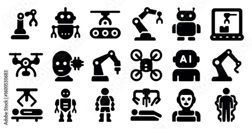 Robotics and ai solid icons set – flat, filled, automation and technology symbols