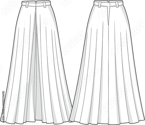 Long pleated skirt fashion sketch front and back views, waistband detail, sewing pattern layout, cad drawing flat vector illustration