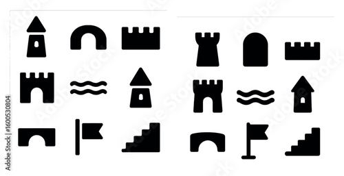 Medieval architecture icons set – solid, filled, castles and fortresses symbols