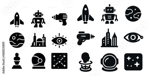 Space exploration icons set in solid style – cosmic, astronomy, galaxy symbols
