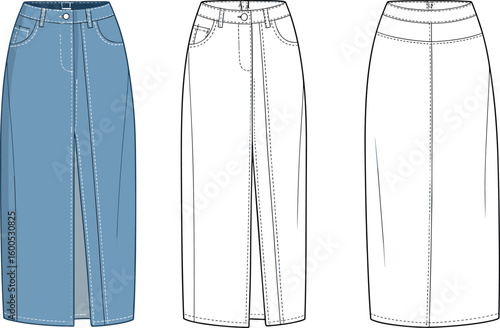 Women's denim long maxi skirt with front slit fashion technical flat sketch template, cad drawing flat vector illustration.