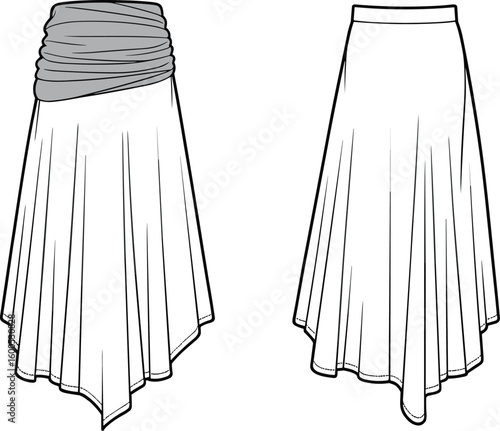 Women’s asymmetrical skirt fashion sketch front and back views, high-low hemline, stylish silhouette, cad drawing flat vector illustration