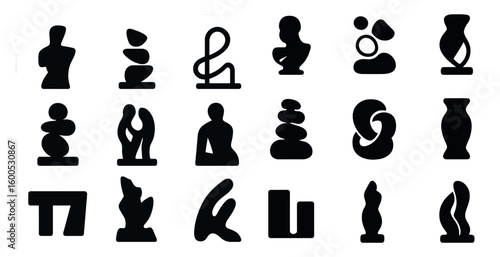 Abstract sculpture silhouette icons set – solid, filled, art and design symbols