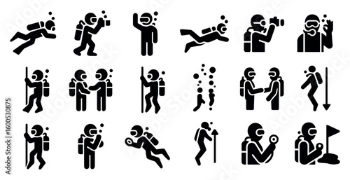 Underwater adventure solid icons set – filled, scuba diving, ocean exploration symbols