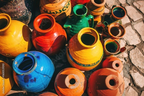 Colorful ceramic pottery displayed at a local market during a sunny afternoon in a vibrant outdoor setting