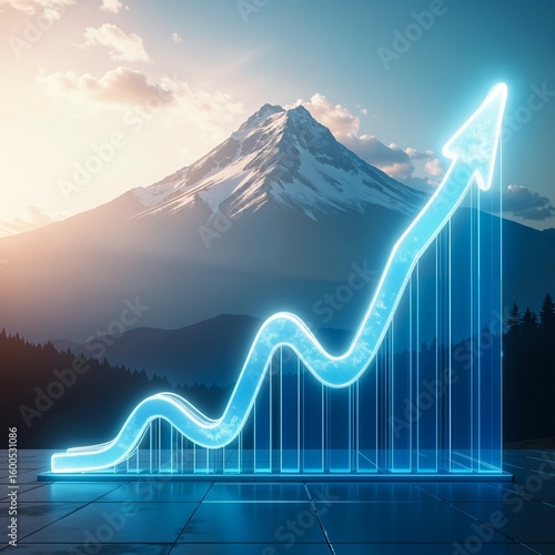 Futuristic Neon Growth Chart with Mountain Background | Success and Business Progress Concept