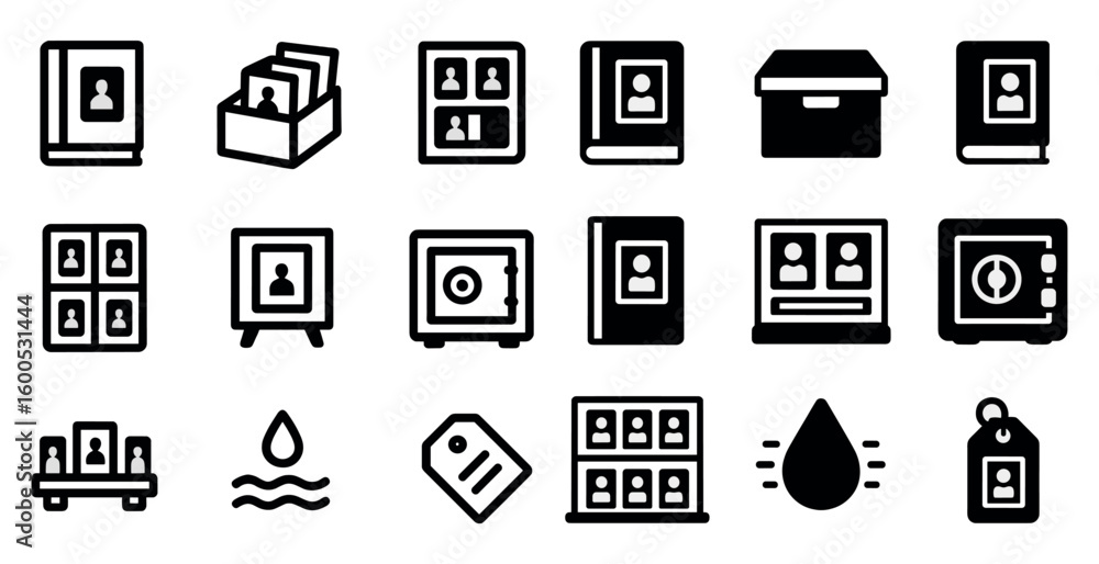 Business profile silhouette icons set – solid, network and id management symbols Business profile silhouette icons set – solid, network and id management symbols