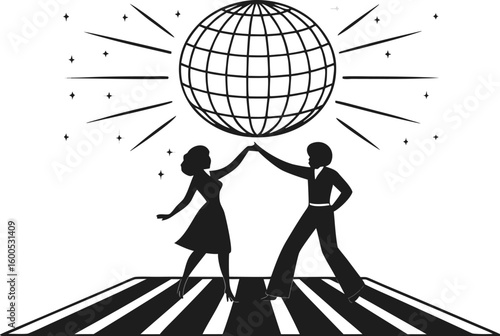 Retro Disco Dance Silhouette of Couple Under Mirror Ball