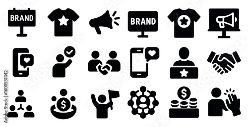 Marketing and branding solid icons set – flat, filled, advertising and communication symbols
