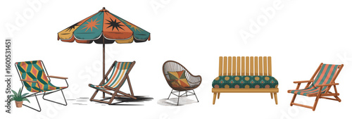 Flat vector illustration set of stylish beach and patio outdoor furniture including loungers, chairs, umbrellas, benches, and sofas. Perfect for summer, relaxation, and outdoor design projects.