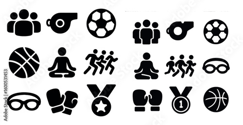 Sports and fitness silhouette icons set – solid, filled, gym and activity symbols