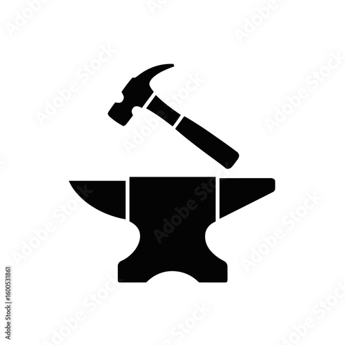 Blacksmith hammer and anvil icon. Metalworking, forging, and craft concept.