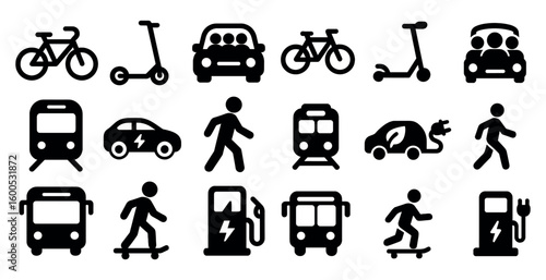 Transportation solid icons set – silhouette, filled, commuting, mobility symbols