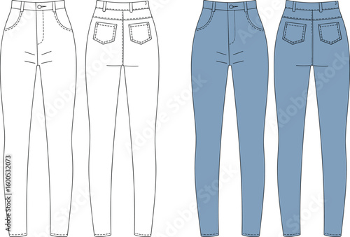 Women slim fit jeans technical flat sketch, front and back view, blue denim cad vector, fashion pants illustration template